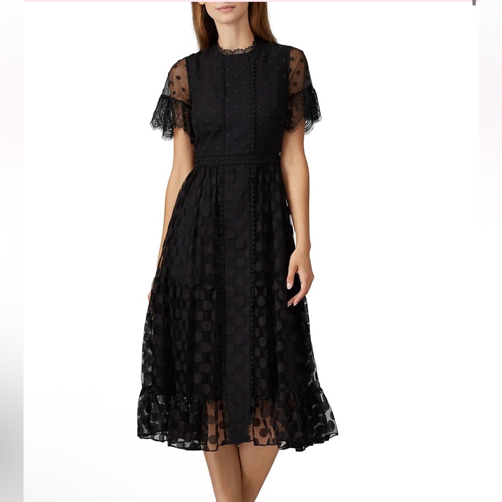 Saloni Andie Mixed Polka Dot Midi Dress Tulle Lace Short Sleeve Black Size US 0